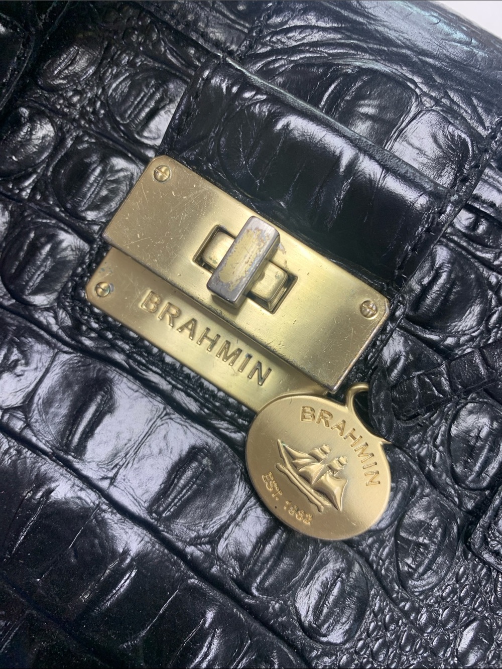 Brahmin Black Croc-Embossed Leather Satchel with Gold Hardware - Picture 3 of 10